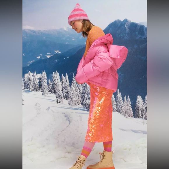 Anthropologie Neon Orange Sequin Skirt - Picture 2 of 6